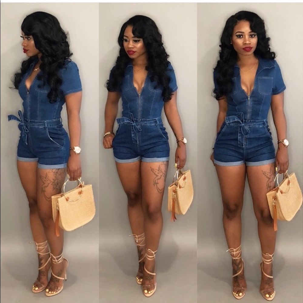 Belted denim jumpsuit